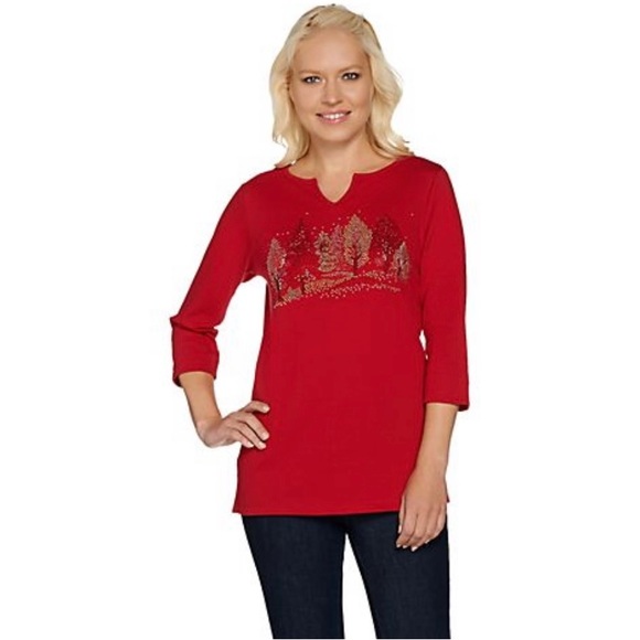 Quacker Factory NWOT 2X Fall Day Split Neck 3/4 sleeve top - Picture 2 of 9